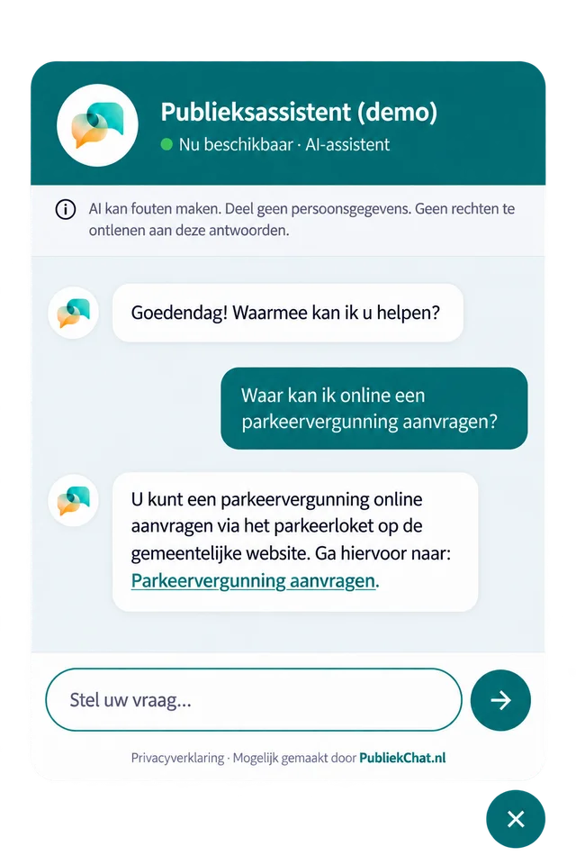 Voorbeeld van de PubliekChat-publieksassistent die een vraag over een parkeervergunning beantwoordt.